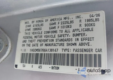 2006 Honda Accord 2.4 Ex из США, поврежденный, VIN 1HGCM56766A138147